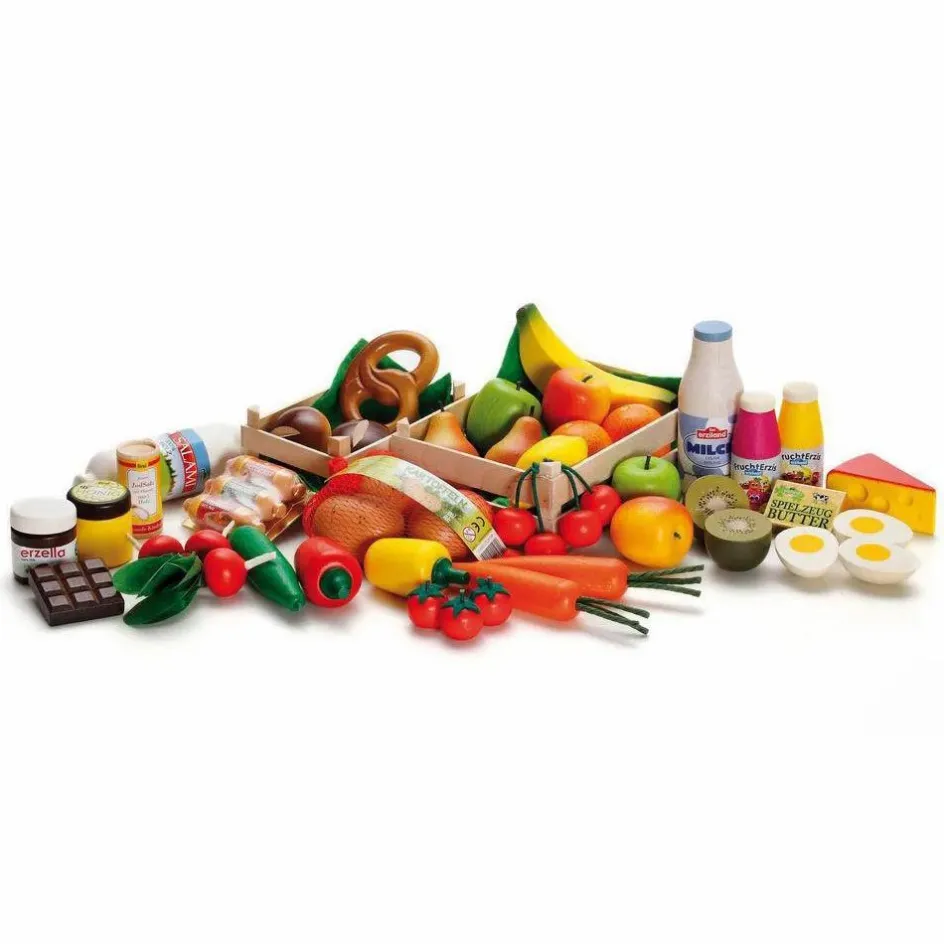 Erzi Assortiment marchande en bois - Set de 43| Cuisines, Marchandes