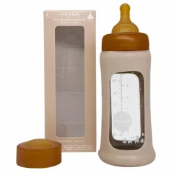 Best Hevea Biberon en verre à col large avec housse de protection Débit moyen | Sable