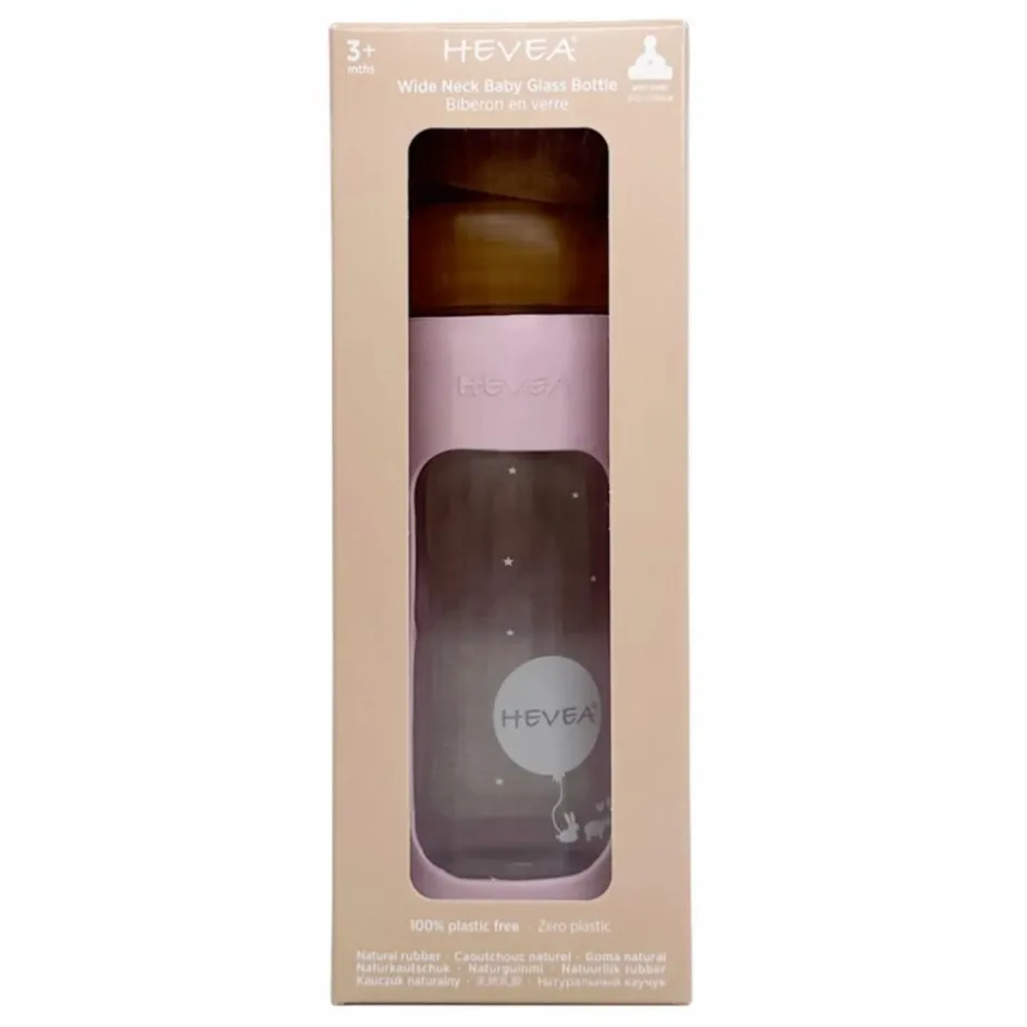 Clearance Hevea Biberon en verre à col large avec housse de protection Débit moyen | Rose poudré