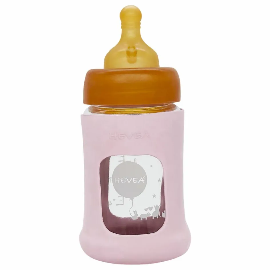 Clearance Hevea Biberon en verre à col large avec housse de protection Débit lent | Rose poudré