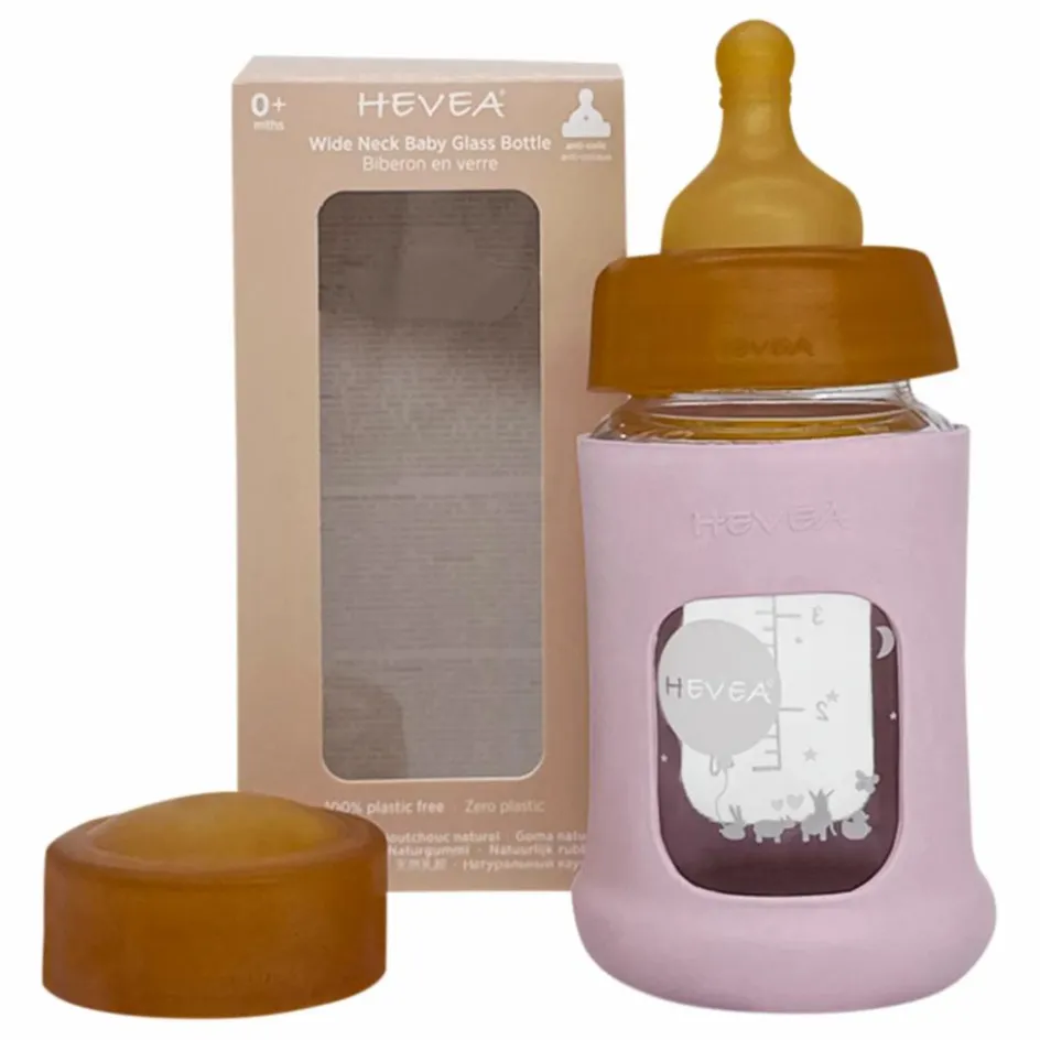 Clearance Hevea Biberon en verre à col large avec housse de protection Débit lent | Rose poudré