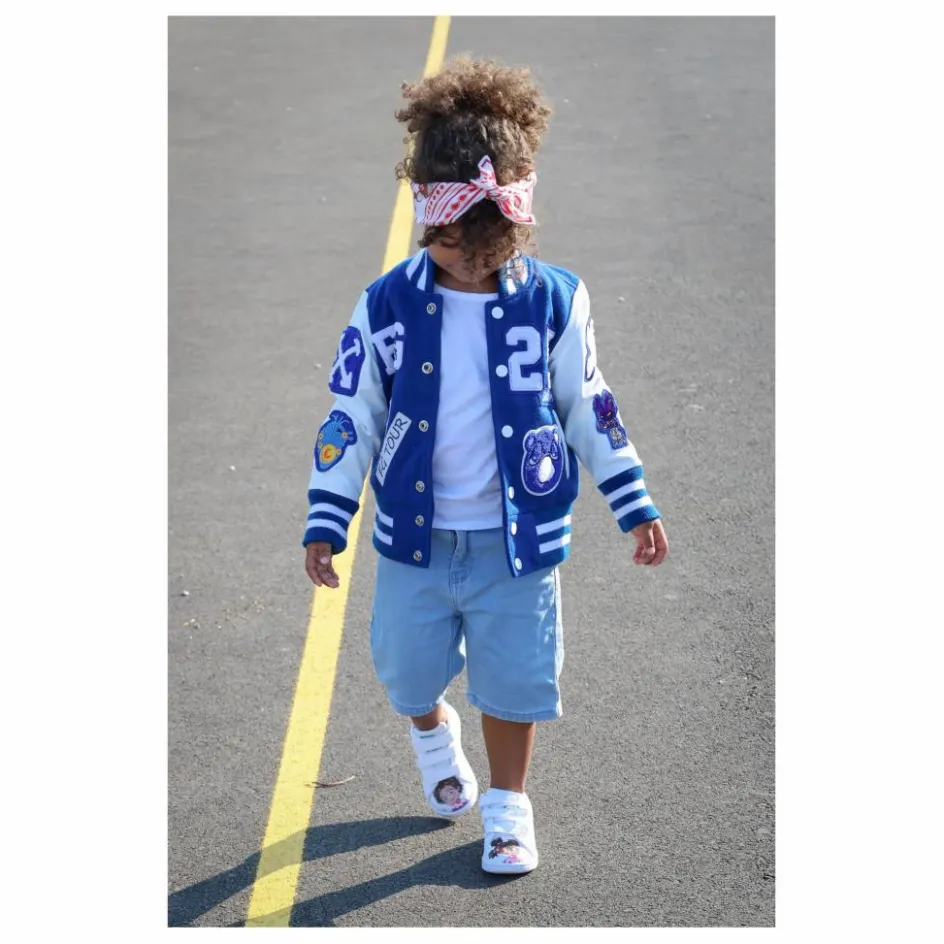 Sale Fille Garçon Bomber Awesome Letterman à Ecussons Cuir | Bleu