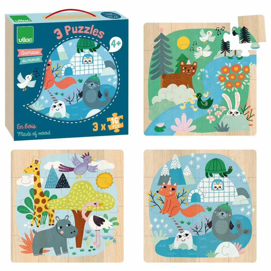 Vilac Puzzles|Jeux Éducatifs*Coffret 3 puzzles Animaux du monde - 16 pièces