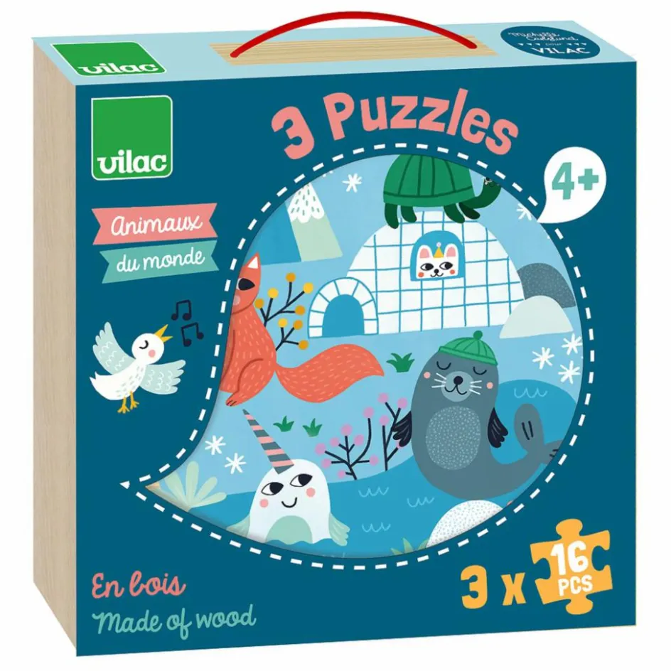 Vilac Puzzles|Jeux Éducatifs*Coffret 3 puzzles Animaux du monde - 16 pièces