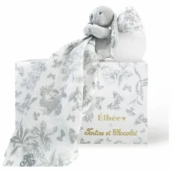 Elhée Coffret biberon en silicone médical et doudou lange Augustin le lapin Toile de Jouy - x Tartine et Chocolat || Biberons|Cadeau De Naissance