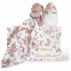 Elhée Coffret biberon en silicone médical et doudou lange Augustin le lapin Toile de Jouy - x Tartine et Chocolat || Biberons|Cadeau De Naissance