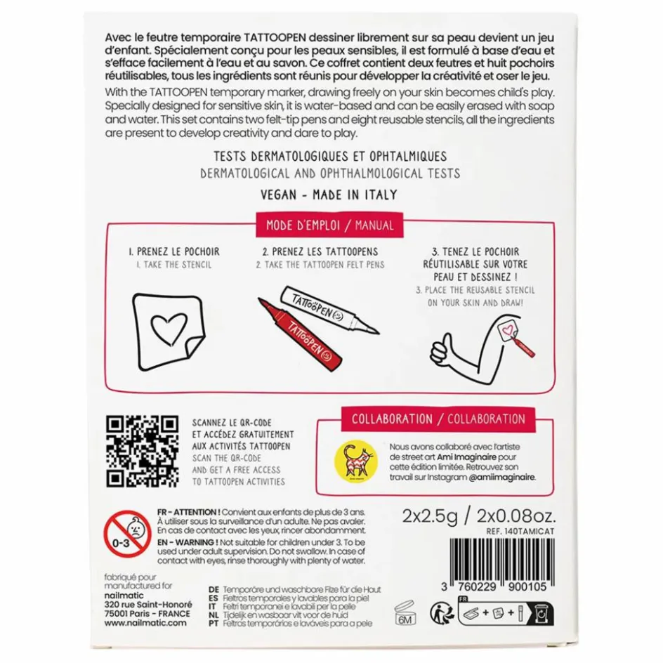 Hot Nailmatic Kids Coffret duo Tattoopen & Pochoir Réutilisable Cat x AMI IMAGINAIRE Non teinté