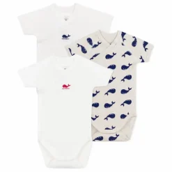 Clearance Petit Bateau Lot 3 Bodies Naissance Baleines Coton Bio | Ecru