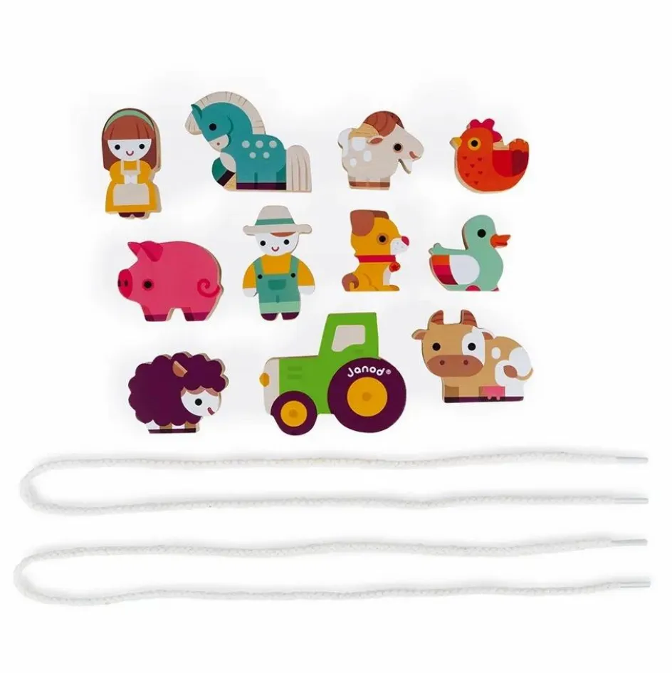Janod Perles à enfiler en bois Ferme - Set de 11| Jouets D'Éveil
