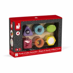 Janod Puzzle 6 cubes sensoriels en bois| Jouets D'Éveil|Jouets D'Éveil