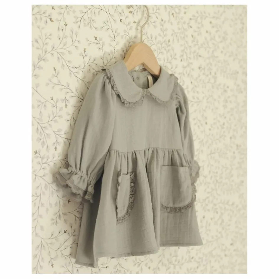Quincy Mae Robe Col Gaze de Coton Bio | Bleu gris
