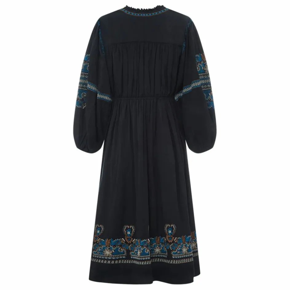 Clearance Alma Deia Robe Midi Brodée gaze de coton bio | Noir