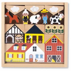 New Janod Set de cubes en bois Campagne - Cross Roads Multicolore