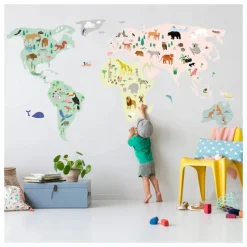 Enfant MIMI'lou Déco Murale Enfant*Stickers Carte du monde avec animaux