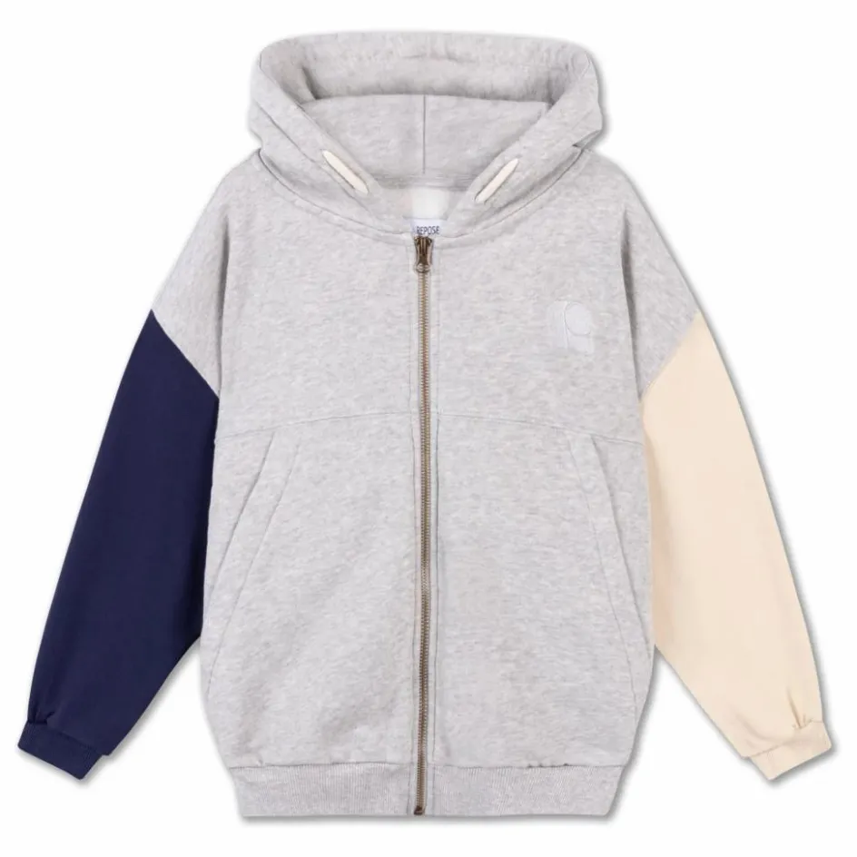 Outlet Repose AMS Sweat Zippé Tricolore Coton Bio | Gris